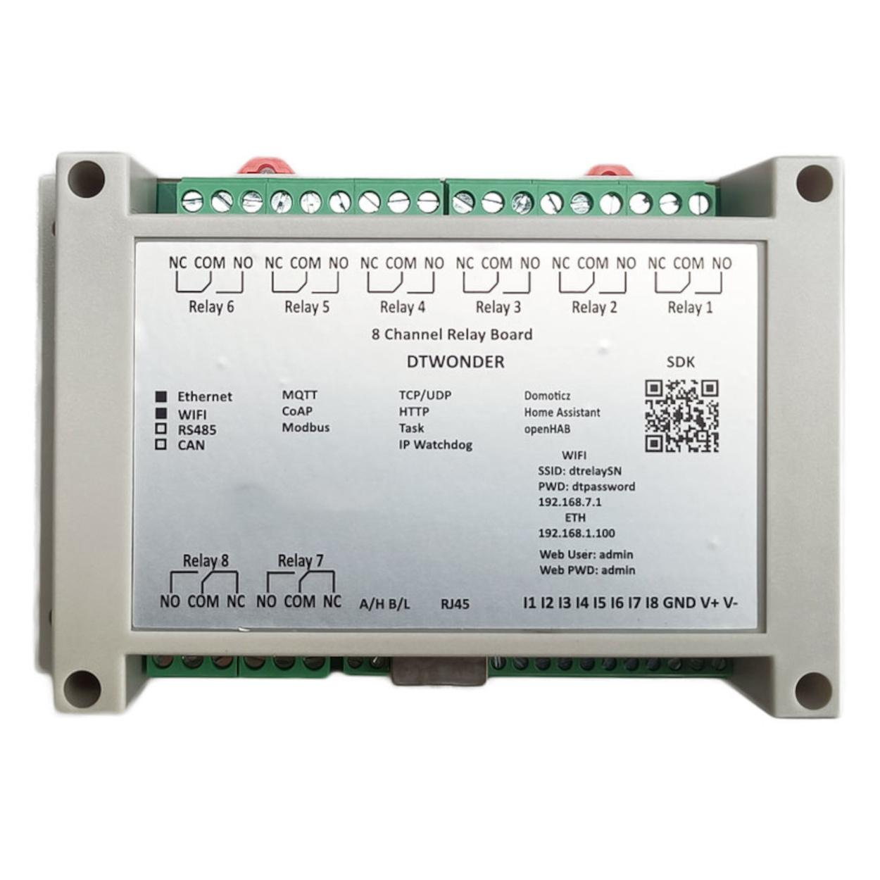 Modulo I/O Ethernet e Wi-Fi DT-R00X – 2, 4 o 8 Ingressi Digitali e  2, 4 o 8 Uscite Relè – Modbus TCP, MQTT, SNMP